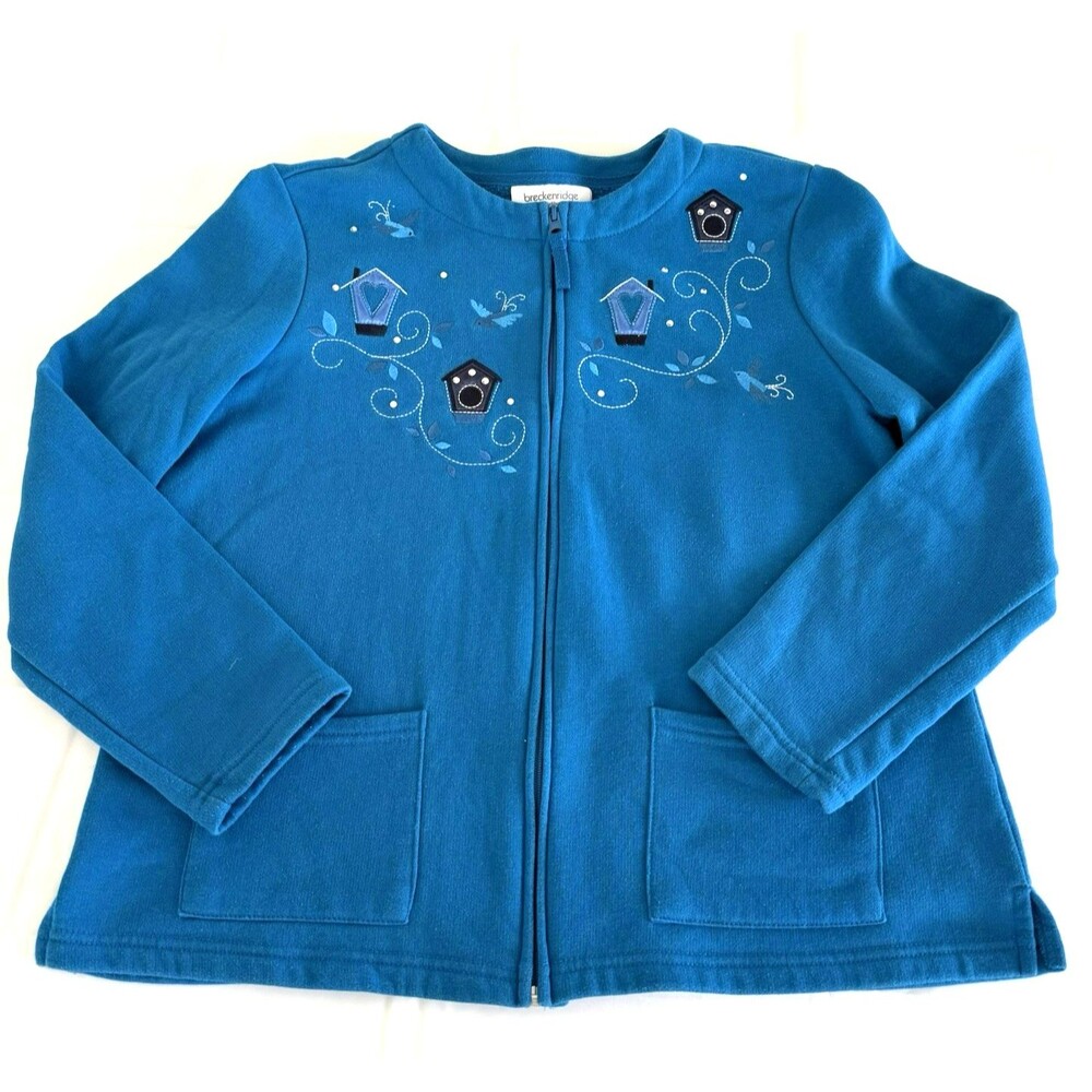 Breckenridge Women's PL Zip Blue Fleece Jacket Bird Houses Embroidered PETITE L